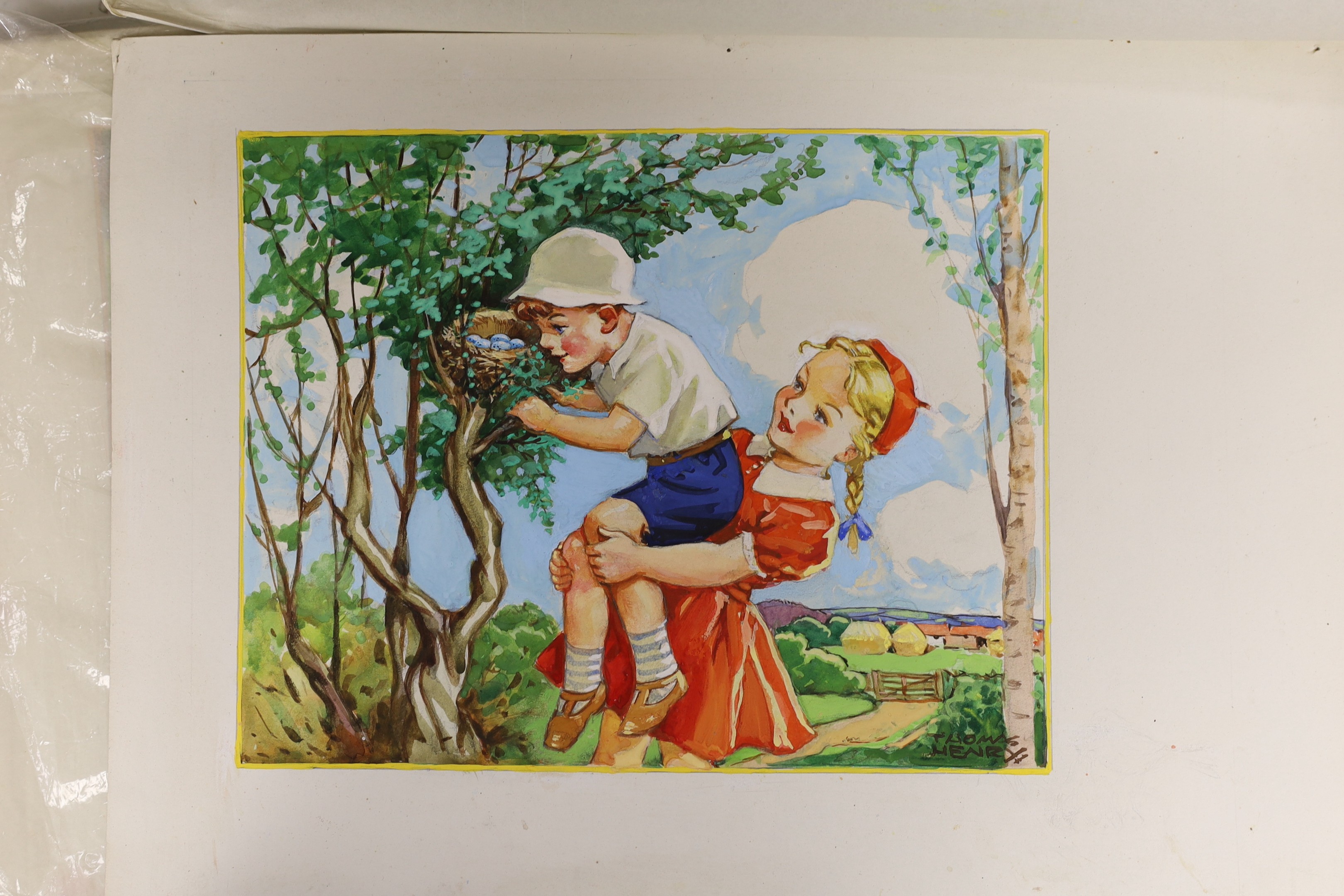 Thomas Henry (Just William illustrator) an interesting collection of numerous gouaches to include grouped illustrations for a ' Children's Country Calendar', alongside various scripted panels, other illustrations etc